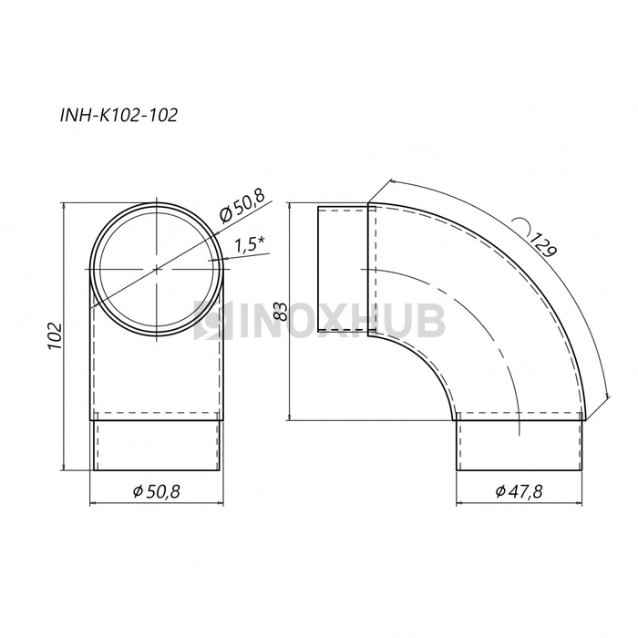 Отвод со вставками, Ø50.8×1.5 мм, AISI 304, GRIT 600