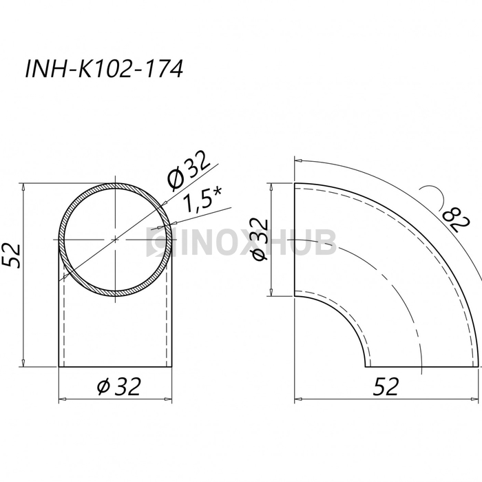 Отвод Ø32.0×1.5 мм, AISI 304, GRIT 600