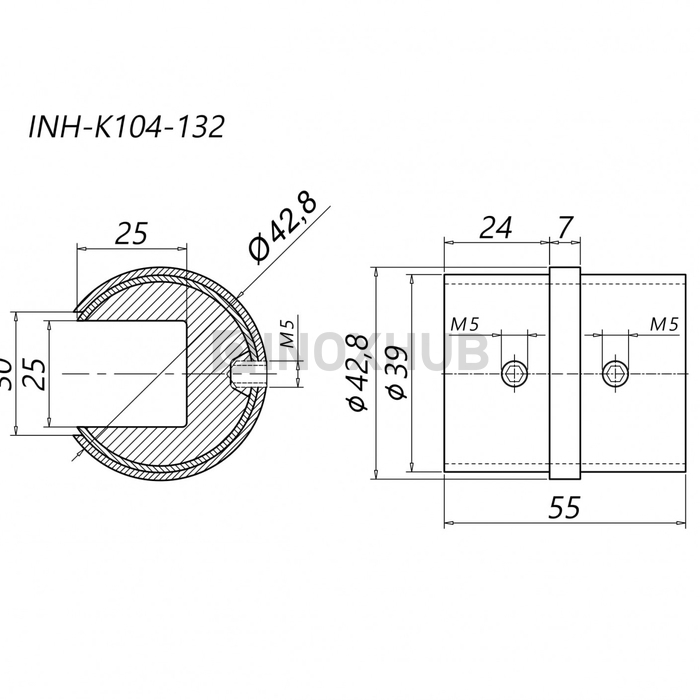 Соединительная муфта для поручня с пазом, Ø42.4 мм, AISI 304, GRIT 600