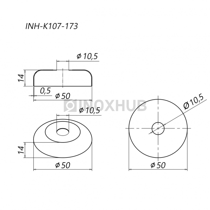 Низ стойки малый декоративный, Ø10.0 мм, AISI 304, GRIT 600
