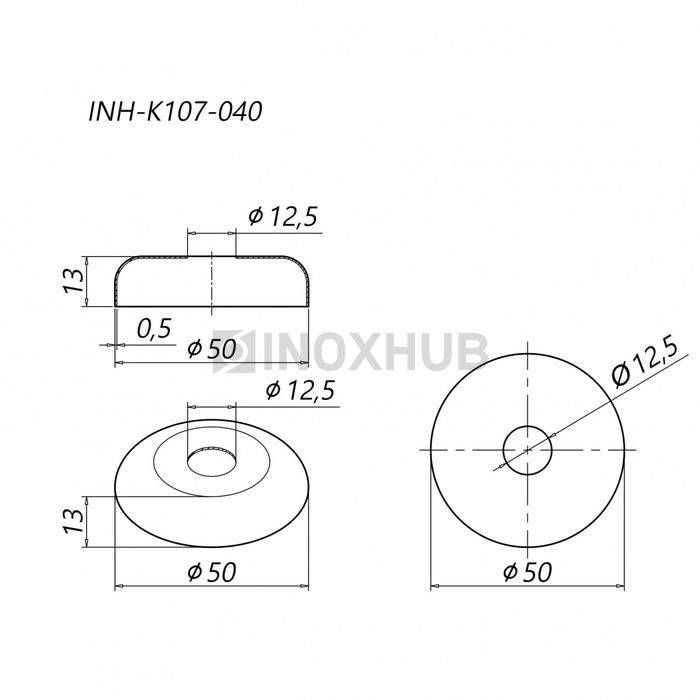 Низ стойки малый декоративный, Ø12.0×50.0 мм, AISI 304, GRIT 600
