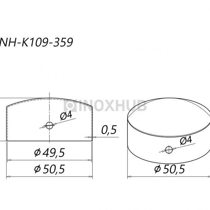 Заглушка для деревянного и пластикового поручня, Ø49.0 мм, AISI 201, GRIT 600