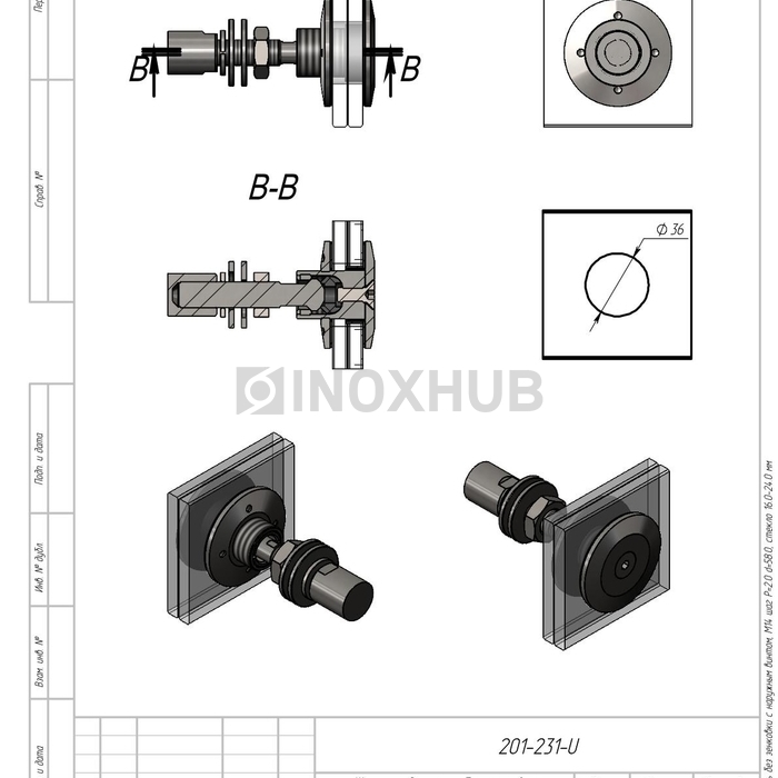 Шарнирный рутель без зенковки с наружным винтом, М14 шаг Р=2 d=58.0, стекло 16.0-24.0 мм, AISI 316, GRIT 320
