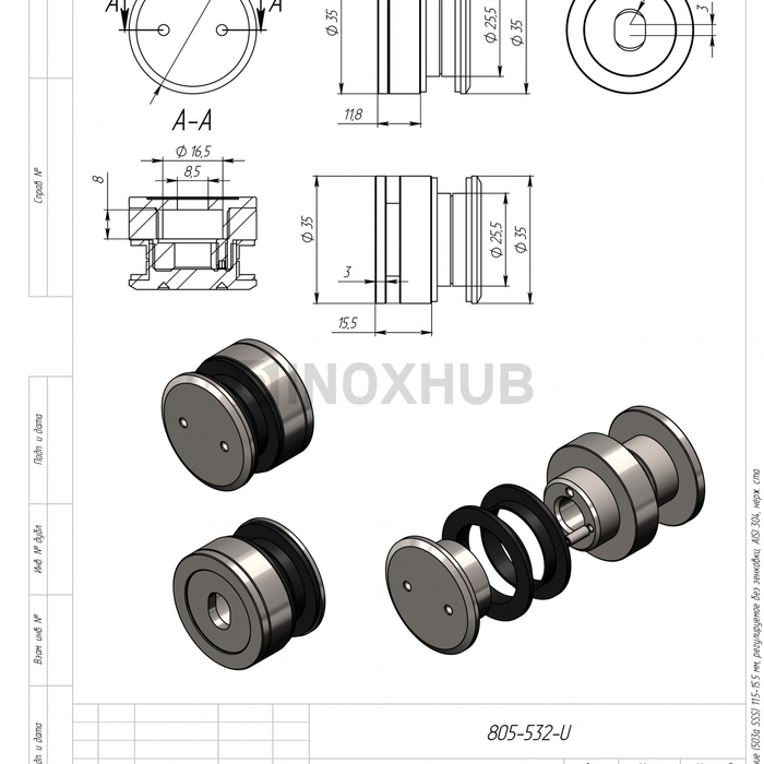 Точечное крепление (503a SSS) 11.5-14.5 мм, регулируемое без зенковки, AISI 304, нерж. сталь матовая
