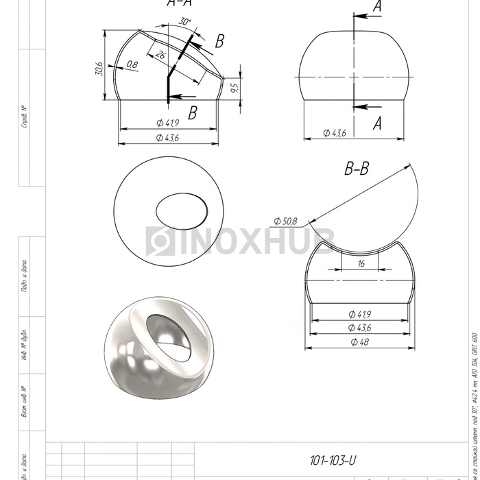 Соединение поручня со стойкой штамп. под 30°, Ø42.4 мм, AISI 304, GRIT 600