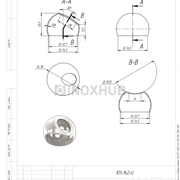 Соединение поручня со стойкой штамп. под 30°, Ø32.0 мм, AISI 304, GRIT 600