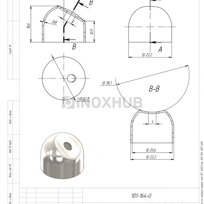 Соединение поручня со стойкой штамп. под 30°, Ø20.0 мм, AISI 304, GRIT 600
