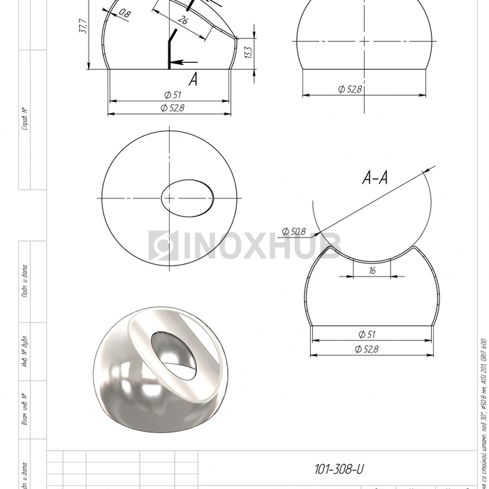 Соединение поручня со стойкой штамп. под 30°, Ø50.8 мм, AISI 201, GRIT 600