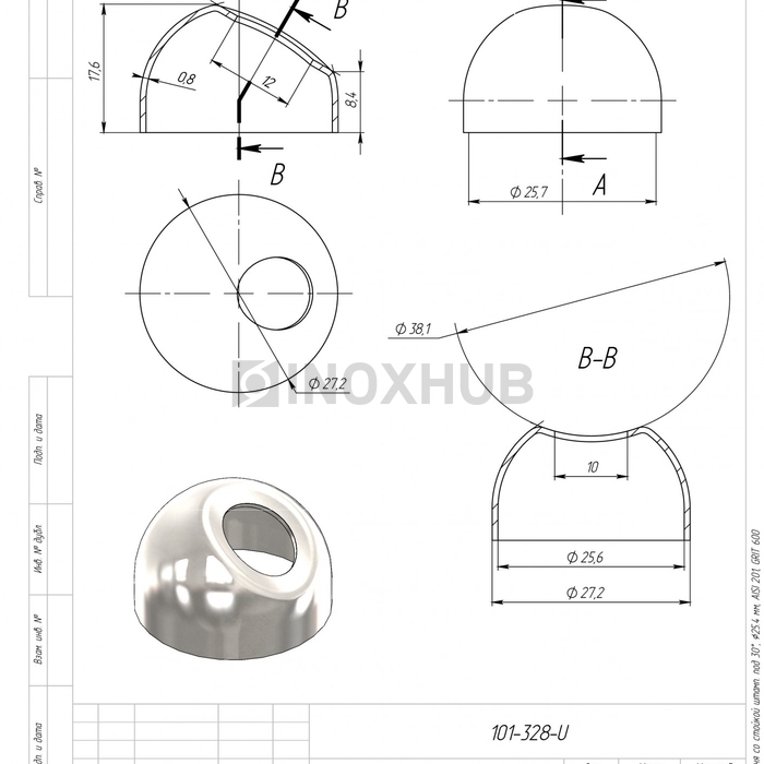 Соединение поручня со стойкой штамп. под 30°, Ø25.4 мм, AISI 201, GRIT 600