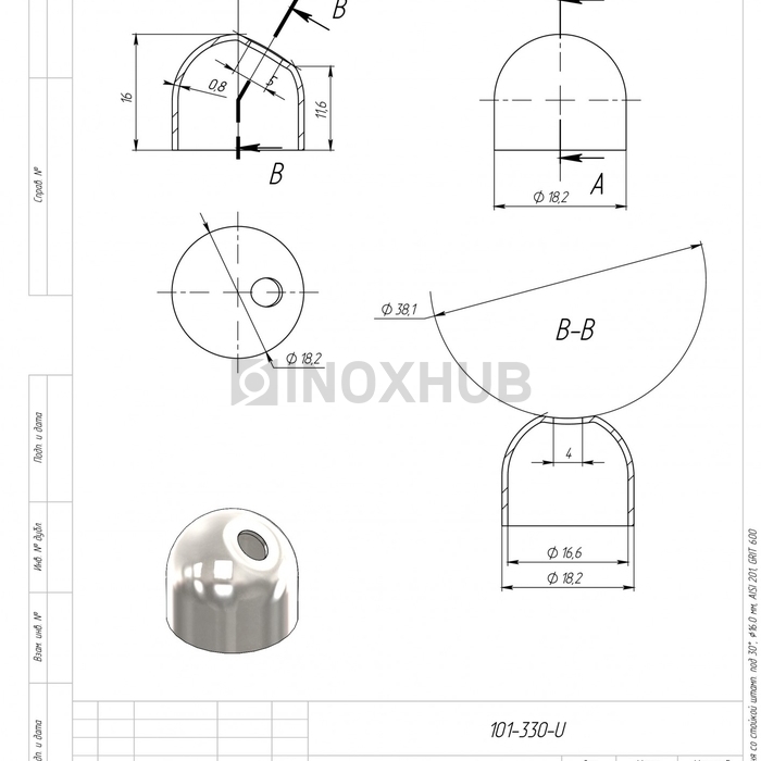 Соединение поручня со стойкой штамп. под 30°, Ø16.0 мм, AISI 201, GRIT 600