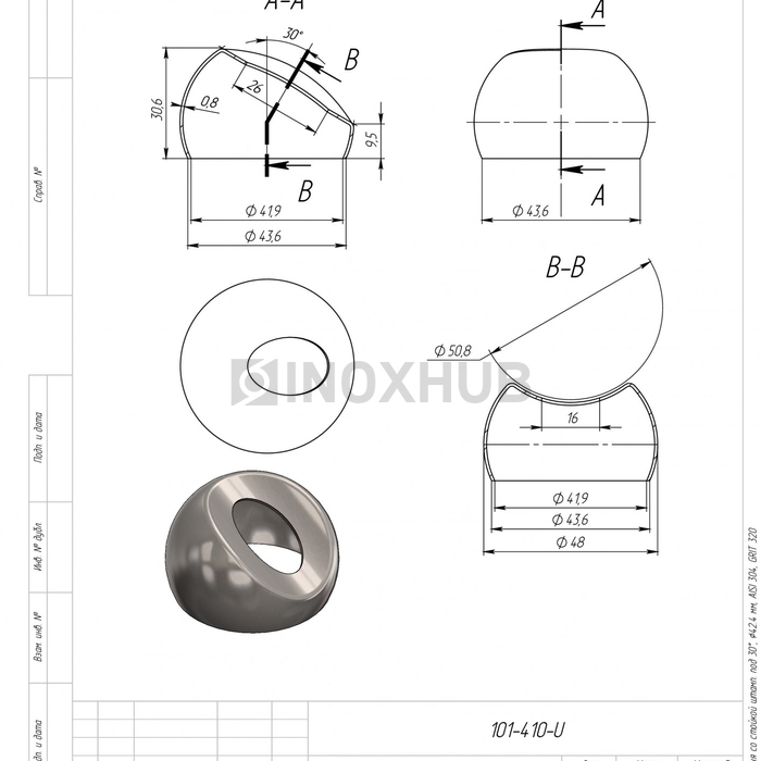 Соединение поручня со стойкой под 30°, Ø42.4 мм, AISI 304, GRIT 320
