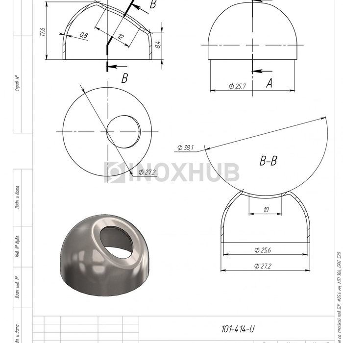 Соединение поручня со стойкой под 30°, Ø25.4 мм, AISI 304, GRIT 320