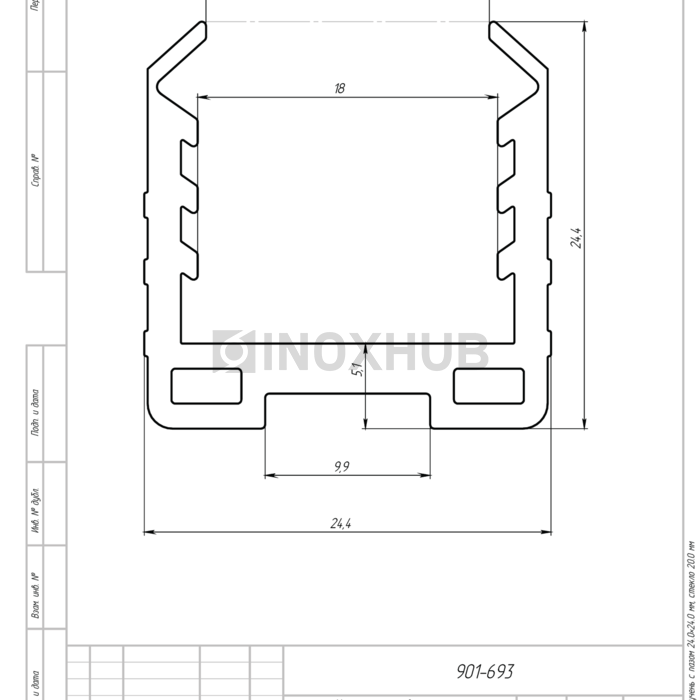 Уплотнитель в поручень с пазом 24.0×24.0 мм стекло 20.0 мм кратно 3 м серый