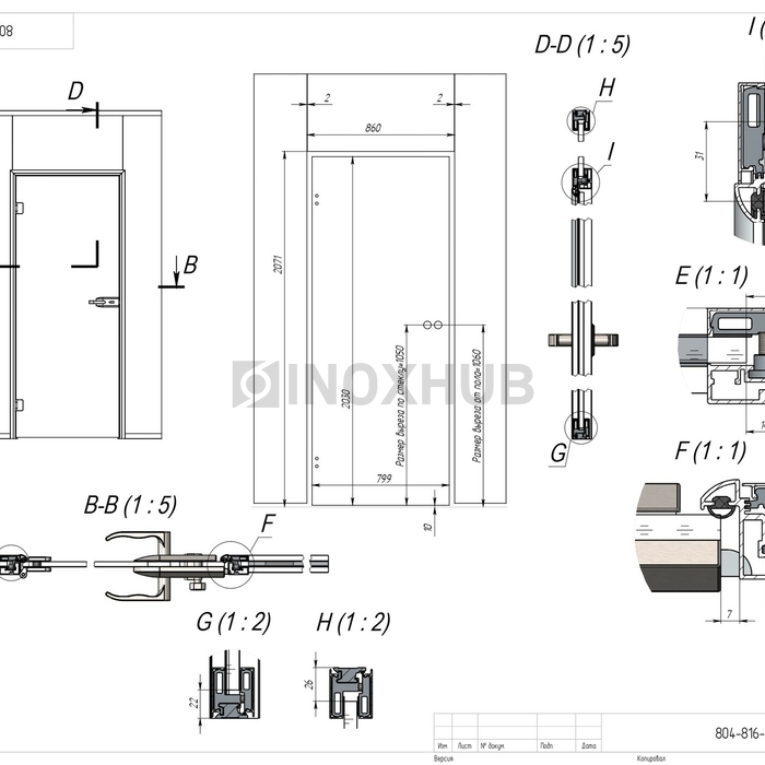 Комплект (804AL-L) дверной коробки в цельностеклянный проем, левый, 2086×2086×890 мм, Анодированный алюминий