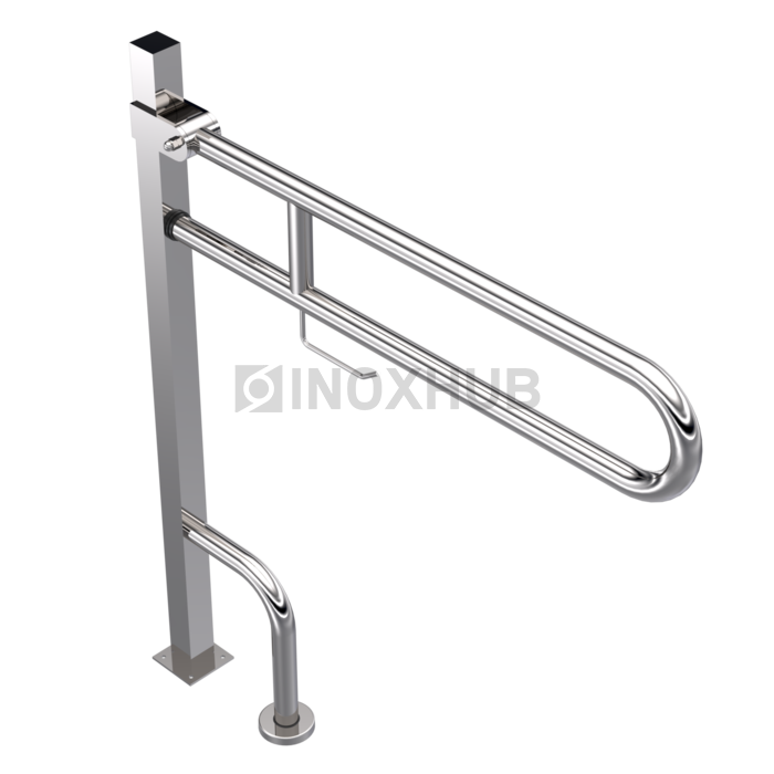 Поручень двойной откидной с опорой в пол с бумагодержателем Ø32 мм AISI 304 GRIT 600