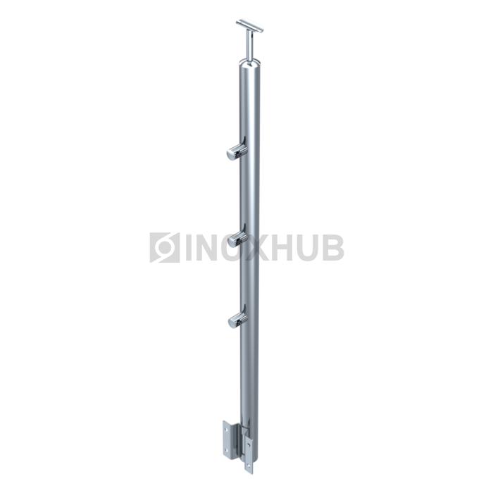 Стойка ограждения в сборе круглая с боковым креплением 3 ригеледержателя Ø38.1×900 мм AISI 304 GRIT 600