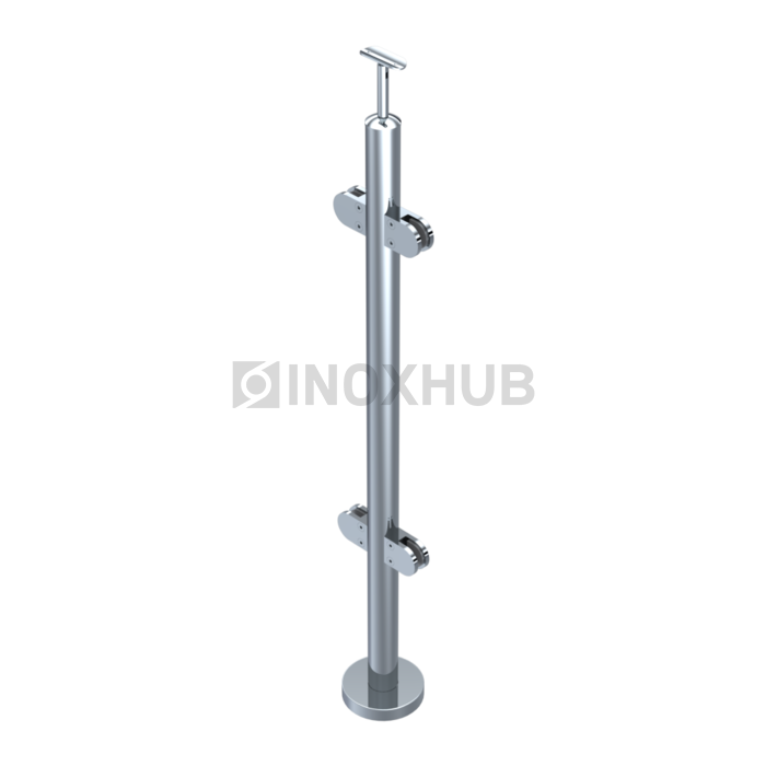 Стойка ограждения в сборе круглая с фланцем 4 стеклодержателя Ø38.1×900 мм AISI 304 GRIT 600